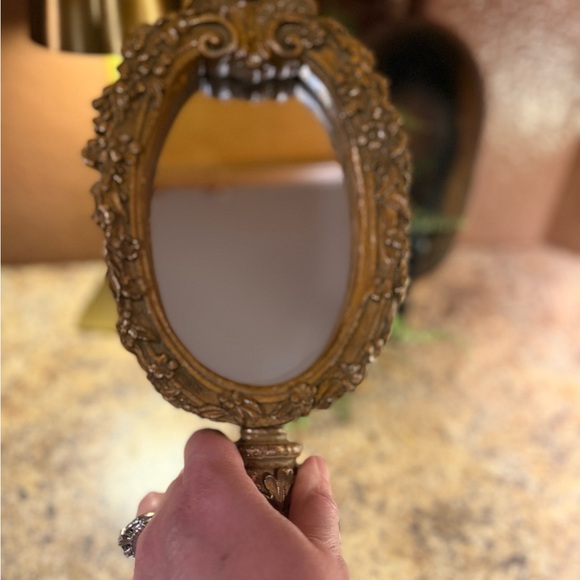 Vintage Gold Baroque Resin Floral Pattern Standing Table Mirror 14 Inches Tall - Picture 10 of 11